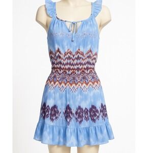 GUESS Women's Blue Tie Dye Smocked Waist Ruffle Sleeve‎ Summer Dress Size M
